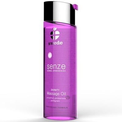 Frasco roxo de óleo de massagem Swede Senze com tampa preta e prata
