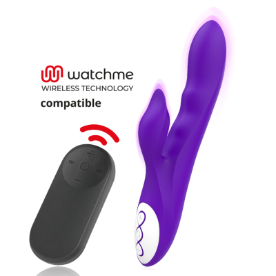 Vibrador roxo com telecomando preto e texto sobre tecnologia wireless