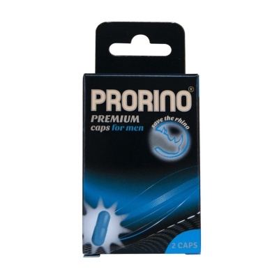 Embalagem preta e azul do produto PRORINO Premium para homens com cápsulas.