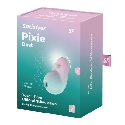Caixa do produto Satisfyer Pixie Dust em caixa rosa e verde com texto branco