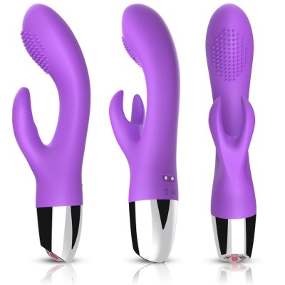 Vibradores roxos com base prata e textura em silicone