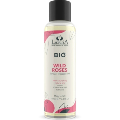 Óleo de massagem Luxuria BIO Wild Roses 100 ml com tampa preta e rótulo branco e rosa