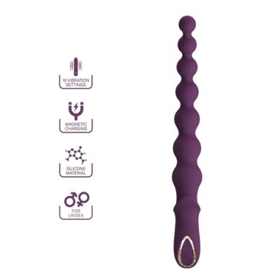 Vibrador roxo em silicone com textura em esferas e ícones de funcionalidades ao lado