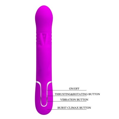 Vibrador cor-de-rosa com botões e etiquetas em fundo branco