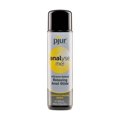 Frasco cilíndrico com tampa preta e rótulo cinza e amarelo do produto pjur analyse me! silicone-based Relaxing Anal Glide