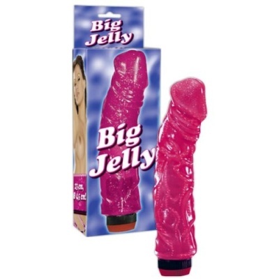 Vibrador rosa Big Jelly com embalagem azul e texto branco