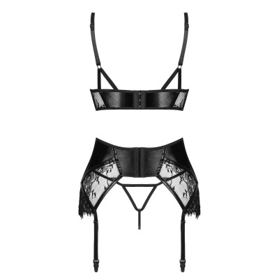 Conjunto de lingerie preto com sutiã e cinta-liga com renda.