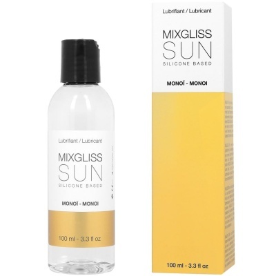Lubrificante Mixgliss Sun Monoï em frasco transparente com tampa preta e embalagem amarela e branca