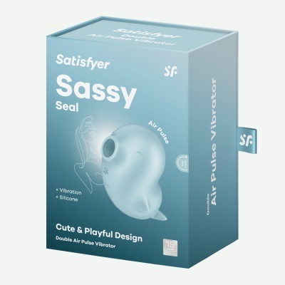 Embalagem azul de vibrador Satisfyer Sassy Seal com texto e imagem do produto
