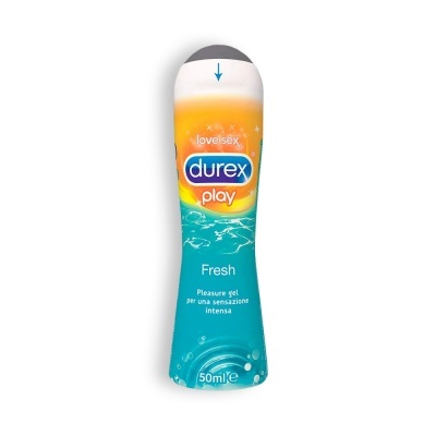 Frasco de gel lubrificante Durex Play Fresh de 50 ml com design azul e amarelo