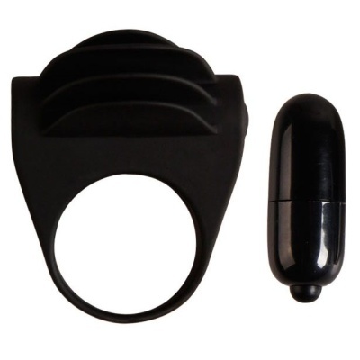 Anel negro macio com três arquinhos e dispositivo vibratório preto cilíndrico