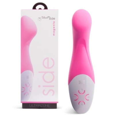 Vibrador rosa magenta com controlo branco e embalagem associada