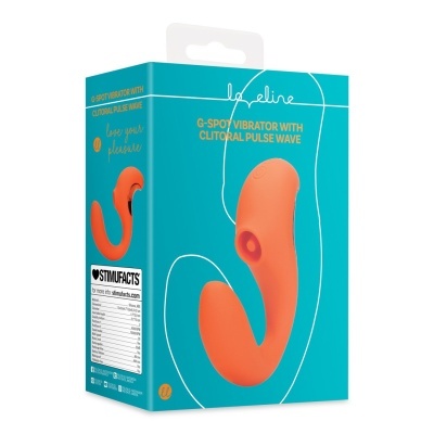Embalagem azul com vibrador laranja curvo e texto técnico