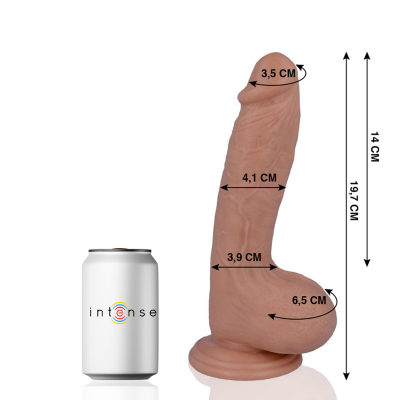 Dildo com dimensões em cm ao lado de lata branca com texto intense