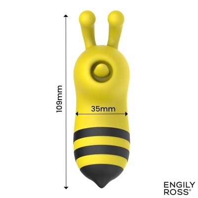 Objeto amarelo e preto em forma de zangão com medidas e texto ENGILY ROSS