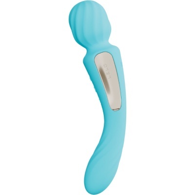Vibrador azul turquesa com painel metálico prateado e texto LETO