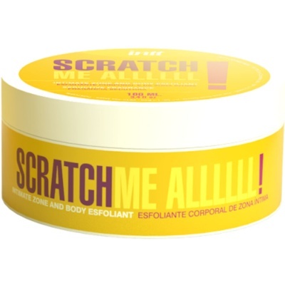 Embalagem amarela e branca de esfoliante corporal para zona íntima com texto