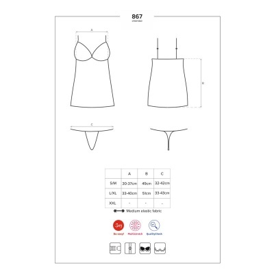 Esquema técnico de camisola com sutiã e tanga, medidas e ícones de características