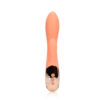 Vibrador laranja em silicone com base metálica dourada e botões de controle