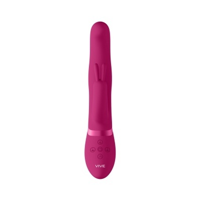 vibrador cor-de-rosa com apêndice em forma de coelho e botões de controlo