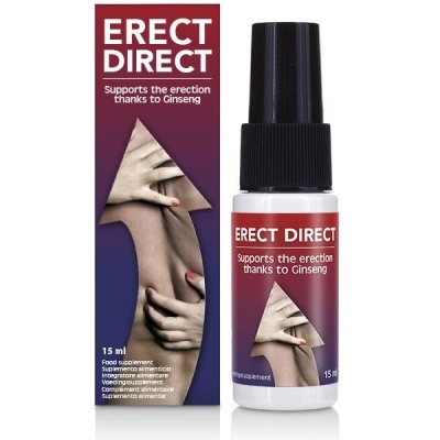 Spray ERECT DIRECT para suporte da ereção, com embalagem vermelho e branco e imagem de mãos entrelaçadas