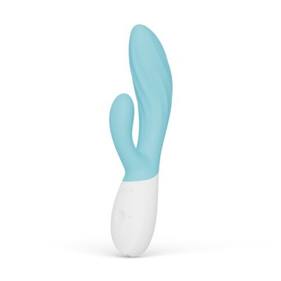 Vibrador azul claro com base branca e botões