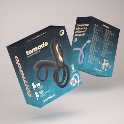 Caixa azul escura com produto sexual preto e texto promocional em várias línguas