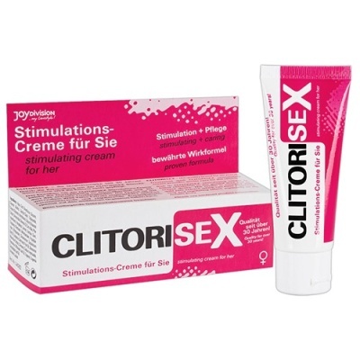 Creme Clitorisex estimulante para mulheres em tubo branco e rosa com caixa de embalagem