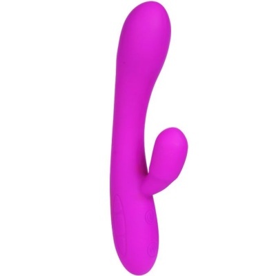 Vibrador rosa em silicone com formato anatómico e botão de controlo.