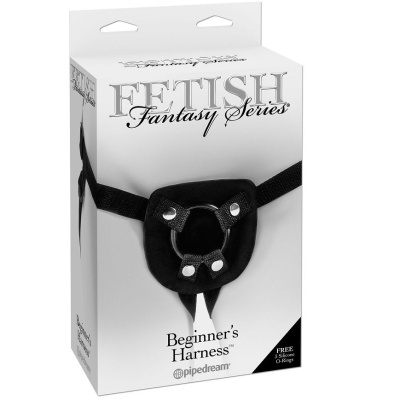 Caixa branca com arnês preto e texto Fetish Fantasy Series Beginners Harness