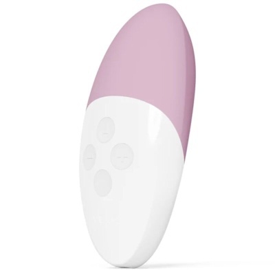 Dispositivo eletrônico oval rosa e branco com quatro botões integrados.