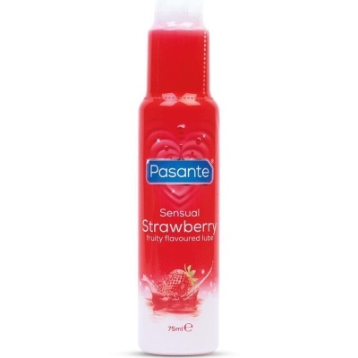 Frasco vermelho e branco de lubrificante Pasante com aroma de morango