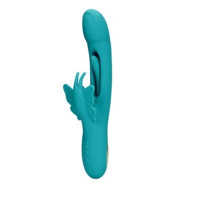 Vibrador azul em silicone com forma curvada e borboleta detalhada.