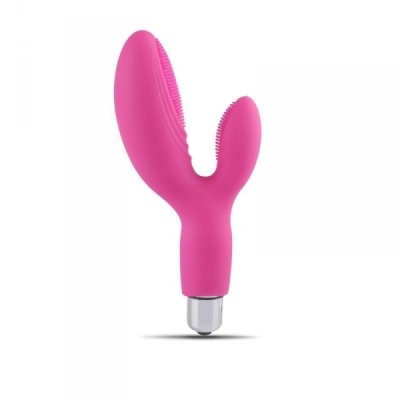 Vibrador rosa com duas pontas texturizadas e base prateada