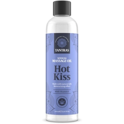 Frasco de óleo de massagem Hot Kiss da Tantras com rótulo azul.