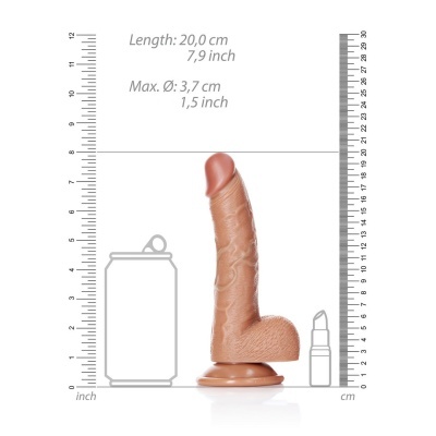 Dildo cor pele em silicone com base de ventosa, medidas indicadas e fundo branco