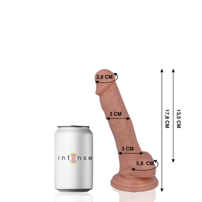Dildo em cor pele com ventosa e medidas ao lado de lata branca com texto intense.