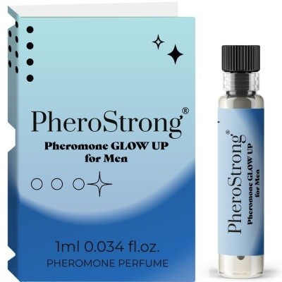Perfume de feromonas PheroStrong para homem com embalagem azul e frasco pequeno