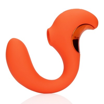 Dispositivo ergonómico em silicone laranja com detalhe metálico dourado