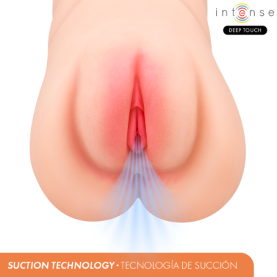 Produto adulto com tecnologia de sucção, textura de pele clara e efeito azul