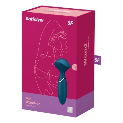 Embalagem cor-de-rosa e lilás com vibrador azul turquesa e texto Satisfyer