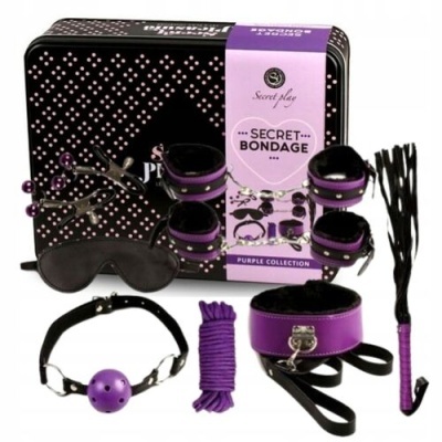 Conjunto Secret Bondage acessórios em preto e roxo com caixa preta pontilhada