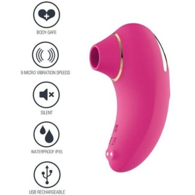 Dispositivo sexual rosa com detalhes dourados e indicação de características técnicas ao lado.