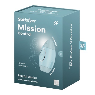 Caixa azul do vibrador Satisfyer Mission Control com texto e selo de garantia