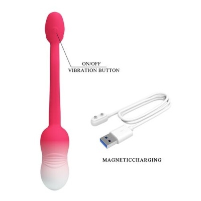 Produto rosa e branco com botão de vibração e cabo USB para carregamento magnético
