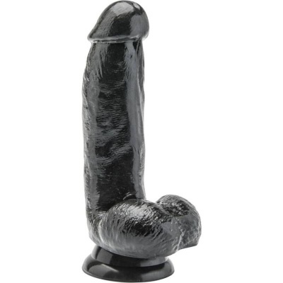 Dildo preto com textura realista e base larga circular