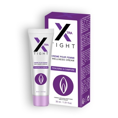 Creme feminino Xtra Tight em tubo branco com tampa lilás e caixa roxa e branca