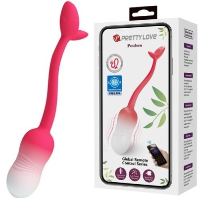 Vibrador rosa e branco ao lado da sua embalagem branca com texto e imagens a ilustrar controlo remoto por smartphone