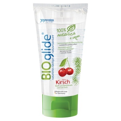Frasco de gel lubrificante natural BIOglide com tampa verde e design com cerejas