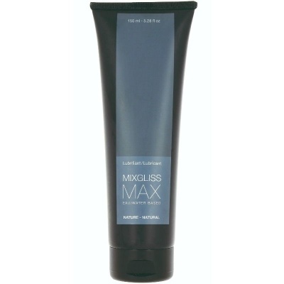 Frasco preto de lubrificante MIXGLISS MAX à base de água com rótulo azul